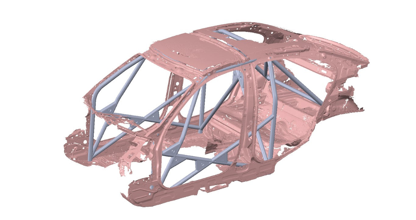 3D scan van onze FIA-gecertificeerde rolkooi voor BMW F30 3-serie, ontworpen volgens FIA-homologatie voor maximale veiligheid, chassisstijfheid en perfecte pasvorm.